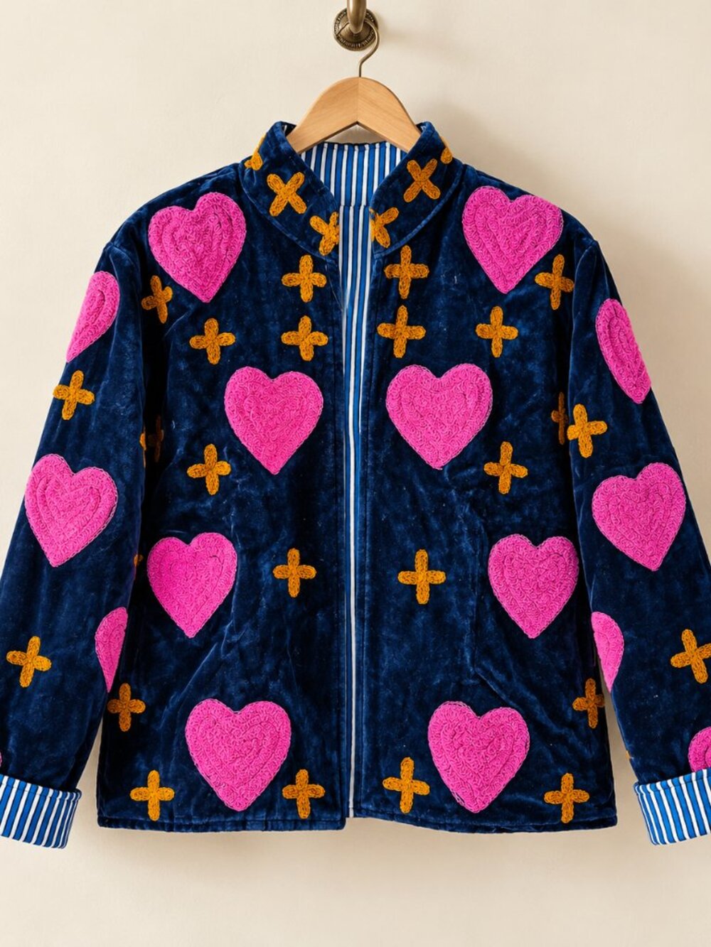 Embroidered Heart Velvet Jacket Royal Blue Short Coat Women Cute Boho Winter